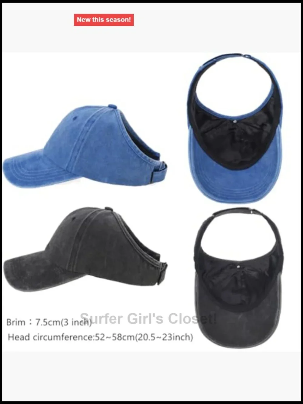 2 Pack Backless Baseball Cap with Ponytail Hole for Curly Hair